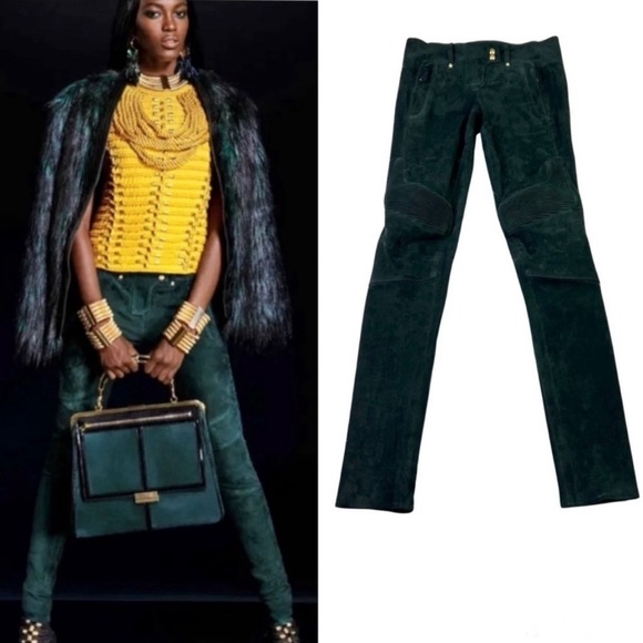 Balmain x H&M Genuine Suede Moto Skinny Pants Size 6 Forest Green New Never Worn - Picture 1 of 4